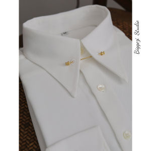 [Black and White] Italian Retro Casual Long Sleeves Empire Collar Stylish French Non-Ironing Large Pointed Collar Silm Business Shirt