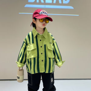 Boys Casual Striped Shirt Jacket Autumn Style Loose Fashionable Top Baby Trendy Loose Coat Spring Autumn Cotton Blend