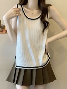 Plus Size Womens Summer K-style Sleeveless Knitting Vest Outer Wear Plus Size Ladies Belly Covering Contrast Color Inner Wear T-shirt Sling Tops