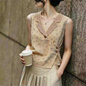 KUNAILIN | French Style Sleeveless Lace V-Neck Slimming Large Size Blouse