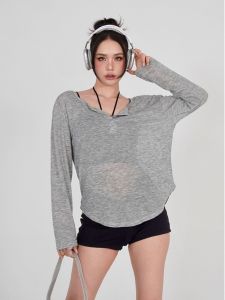 Loose Long Sleeve V-Neck Jazz Style Base Layer T-Shirt Two-Piece Set Womens Autumn Thin Sunshade Cover up Cotton Blend Top