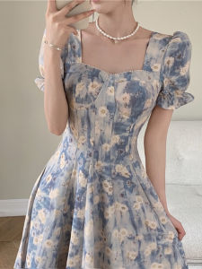 Cỡ Lớn Nữ Đầm Tranh Sơn Dầu Màu Xanh Họa Tiết In Vuông Cổ Áo Thon Gọn Dài Váy Thanh Lịch Phong Cách Pháp Áo Choàng Trang Bị