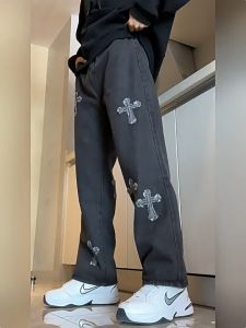 Baggy jean Men Y2k fashion denim pants Straight Cut Pants For Men Cross Printed Hiphop Style