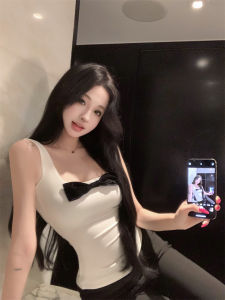 Summer Slim Fit White Square Collar Strapless Vest Womens Fashionable Outerwear Design Butterfly Knot Top Casual Wear