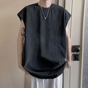 Cotton Sleeveless Tank Top Men Summer Japanese Retro Washed Distressed Loose Trendy Niche Style Waistcoat Fashionable