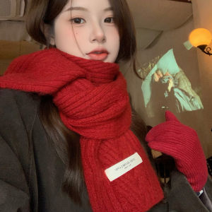 Retro Red Knitted Scarf Womens Thick Winter Warm Neck Protection Couples Small Neck Warmer Korean Style Fashion Accessory
