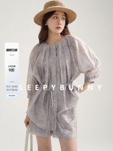 Sleepy Rabbit Summer New Style Set Elegant Dark Pattern Print Sun Protection Belted Lantern Sleeve Shirt Shorts Two-Piece Womens Suit