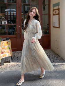 French Romantic Floral Print Dress Womens Early Autumn New Style Elegant Gentle Waist-Cinching Slimming Tea Break Long Dress