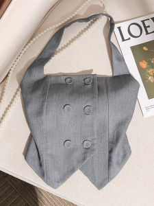 คอแขวนวินเทจฝรั่งเศสสีเทา สายคล้อง เสื้อกั๊ก ผู้หญิง ธุรกิจ เสื้อสายเดี่ยว สลิมฟิต แสงไหล่กระดุมคู่ เสื้อท่อนบน