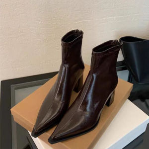 Sharp Toe Short Boots Womens Chunky Heel Back Zipper 2025 New Autumn Winter Black Patent Leather High-End Martin Boots