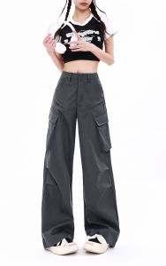 MZVZ | Dark Gray High Waist Stylish Loose Fit Slimming Cargo Pants
