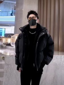 Mens Thickened Cotton Jacket Fashionable Trendy Winter Outerwear Warm Stand Collar Standard Fit Regular Length Cotton Coat