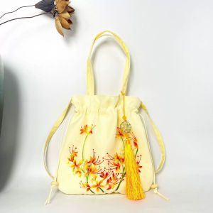 Retro Embroidered Hanfu Style Drawstring Phone Bag Crossbody Handbag Soft Polyester Material Floral Plant Pattern Daily Use