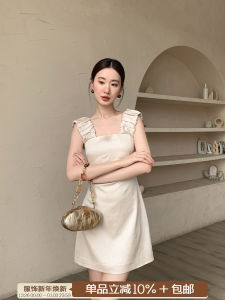 Elegant French Pleated Wide Shoulder Strap Slim Fit Long Dress Womens Fashionable Commuter Dress Summer Season A-Line Skirt
