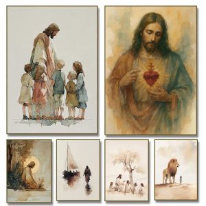Retro Watercolor Jesus with Children Portrait Christian Religious Poster Canvas Painting Wall Art Pictures Home Decor Gift