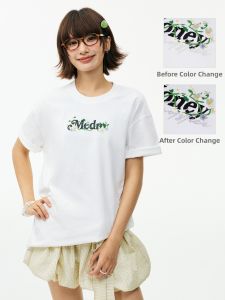 MEDM | Color Change Floral Embroidery and Letter Print Loose T-Shirt