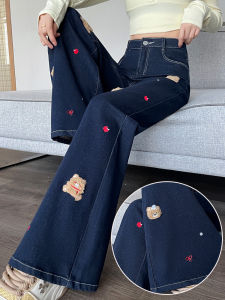 Womens Fleece Lined Micro Flare Denim Jeans Embroidered Bear Pattern High Waist Cotton Stretch Denim Casual Outdoor Wear