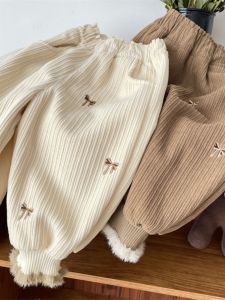 Girls Fleece Lined Embroidered Casual Pants Autumn Winter New Style Childrens Winter Clothes Korean Style Cuffed Pants