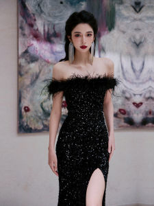 Dollytang Sparkling Sequin Feather Bustier Dress Elegant High Waist Slim Fit Long Gown for Year End Party Birthday Celebration