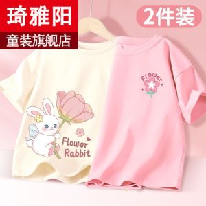 สาวฝ้ายเสื้อยืด 2024 ฤดูร้อนใหม่ออกแบบการ์ตูนพิมพ์หลวมสบายๆสไตล์แขนสั้นสําหรับเด็กอายุ 3-14