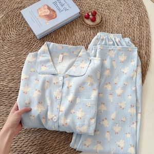 Sweet Cute Goose Print Korean Fashion Womens Pajamas Nightwear Kawaii Casual Lapel Neck Y2K Pajamas Set Autumn New Loungewear