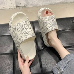 Thick Bottom Slip-On Summer Fashionable Graffiti Womens Slippers Flat Heel Casual Low Heel EVA Home Wear Outdoor Slippers