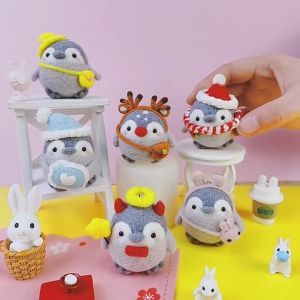 Wool felt diy material bag cute penguin/panda wool felt pendant doll Gift羊毛毡戳戳乐