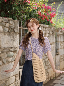 เสื้อเชิ้ตแขนสั้นลายดอกไม้สีม่วง Sweet Floral B765 สำหรับผู้หญิง ฤดูร้อน 2025 คอลเลกชันใหม่ เสื้อเชิ้ตผู้หญิงสไตล์หวาน