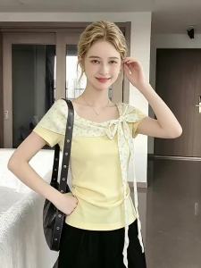La Chapelle | Dopamine Yellow Off-shoulder T-shirt Slim Waist Bowknot
