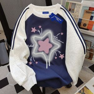 American round Neck Sweatshirt Womens Patchwork Fall and Winter Raglan Sleeve Pullover Loose Easiest for Match Fun Fashion Brand Cartoon Tops Ins