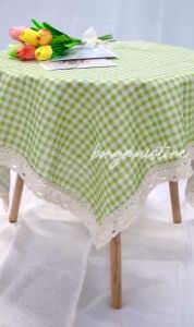 Khăn trải bàn vải canvas họa tiết kẻ nhí VIỀN REN phong cách Nhật Bản nhẹ nhàng vintage [T006]