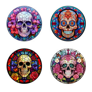 4 pieces of skull printed coasters suitable for daily family party decoration office non-slip wooden coasters holiday gifts