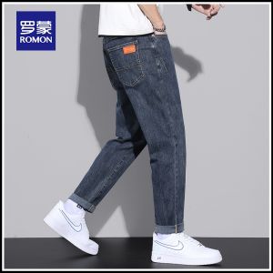 ROMON | Romon Mens Jeans Spring Autumn New Fashion Loose Straight Washed Blue Elastic Casual Long Trousers Trendy Mid Waist Zipper
