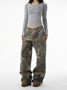 American Retro Loose Camouflage Pants Womens Trendy Handsome Stylish Niche Style Cargo Pants Couple Pants Denim Men