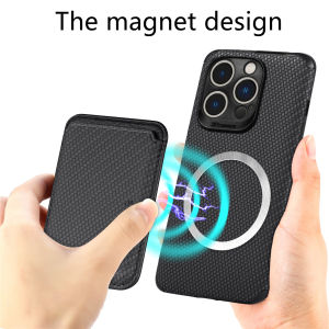HOCE [2 in 1] Fiber Pattern Round Magnetic Card Holder + Phone Case for iPhone 14 13 12 11 Pro Max 13 12 Mini X XR XS Max 7 8 Plus SE Shockproof and Drop-proof Wireless Charging Back Cover Shell
