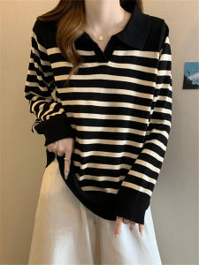 plus Size Womens Autumn Winter V-Neck Striped Knit Loose T-Shirt Casual Sweet Style Cotton Long Sleeve Base Shirt