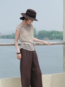 MOHANYIMEI | Summer New Design Knitted Lace Hollow Boat Neck T-Shirt Cover-Up and Wide Leg Pants Set