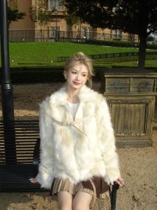 Quần Khoác Len Khoác Mink Dày Bằng Tóc Animal Thân Thiện Cho Các Cô Gái Quần Túi Tiền Rộng Túi Mink Ngắn Hở Còng Vòng Cổ Lún