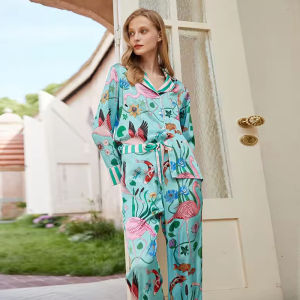 Print Sleepwear Spring Autumn Pajama Sets Long Sleeves Long Pants Pijamas Splicing Lapel Satin Silk Nightwear
