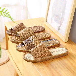 Bamboo & Rattan Summer Slippers for Women/Men - Breathable Couple Sandals Soft Sole Anti-Slip Indoor Slides for Home/Beach