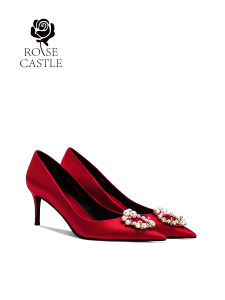 รองเท้าแต่งงานสีแดงสไตล์จีนใหม่ Rosecastle สำหรับผู้หญิง รองเท้าแต่งงานฤดูใบไม้ผลิและฤดูใบไม้ร่วง รองเท้าส้นสูง รองเท้าสวมแบบหัวแหลม