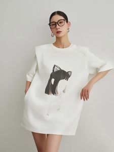 White Stylish Women T-shirt Loose Round Neck