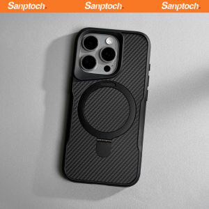 Sanptoch เคสโทรศัพท์ขาตั้งซ่อนรูปอัลลอยสำหรับ iPhone 15 14 13 Pro Max กรอบเนื้อคาร์บอนไฟเบอร์สำหรับ iPhone 15 Pro Max เคสกันกระแทกกันกระแทกเคลือบด้านพร้อมแหวนที่วางแบบโลหะ