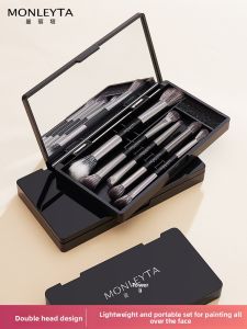 MONLEYTA | Portable Makeup Brush Set Soft Bristle Double-Ended Concealer Diffusion Nose Shadow Brush Full Set Cosmetic Brushes Storage Mirror Box