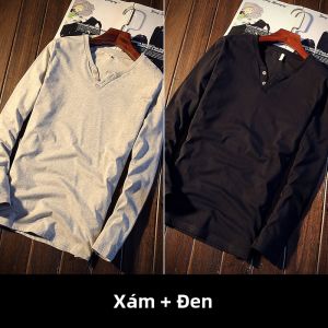 AKT | Áo Thun Tay Dài Cổ V Có Nút Bằng Cotton
