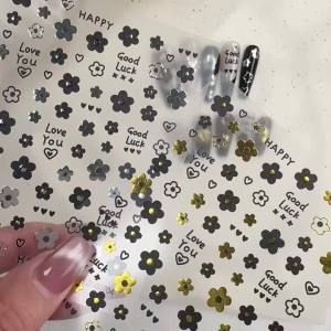 1Pcs 3D Black White 5-Petal Flowers Nail Stickers Mini Florals Self-Adhesive Nail Decals Fresh Bloom Manicure Decorations Slider
