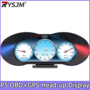 RYSJM | P5 OBD GPS Car HUD LCD Slope Meter on Board Computer Digital Head Up Display Speedometer Navigation Display Alarm Water Oil Temp