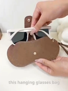 Portable Leather Glasses Storage Bag Snap Button Anti-Scratch Soft Sunglasses Eyeglasses Pouch with Hand Strap Travel Protective Case