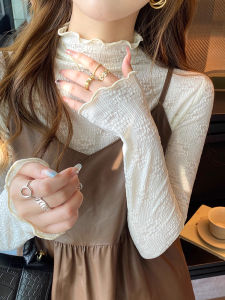 chaqi | Áo sơ mi ren cổ cao dài tay ôm vừa vặn thời trang thu đông màu trắng chất liệu lót lông cừu kiểu Pháp cổ điển dành cho nữ