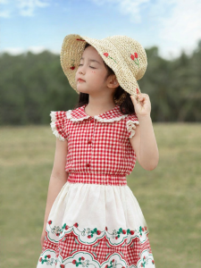 YOEHYAUL | Vintage Check Lace Trimming Puff Sleeve Girls Blouse